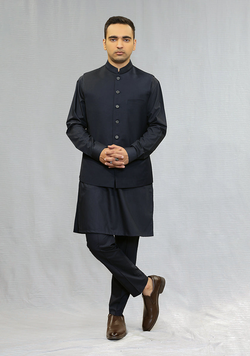 Dark Sapphire Suiting Fabric Waistcoat Kurta (3-Piece) - Image 2