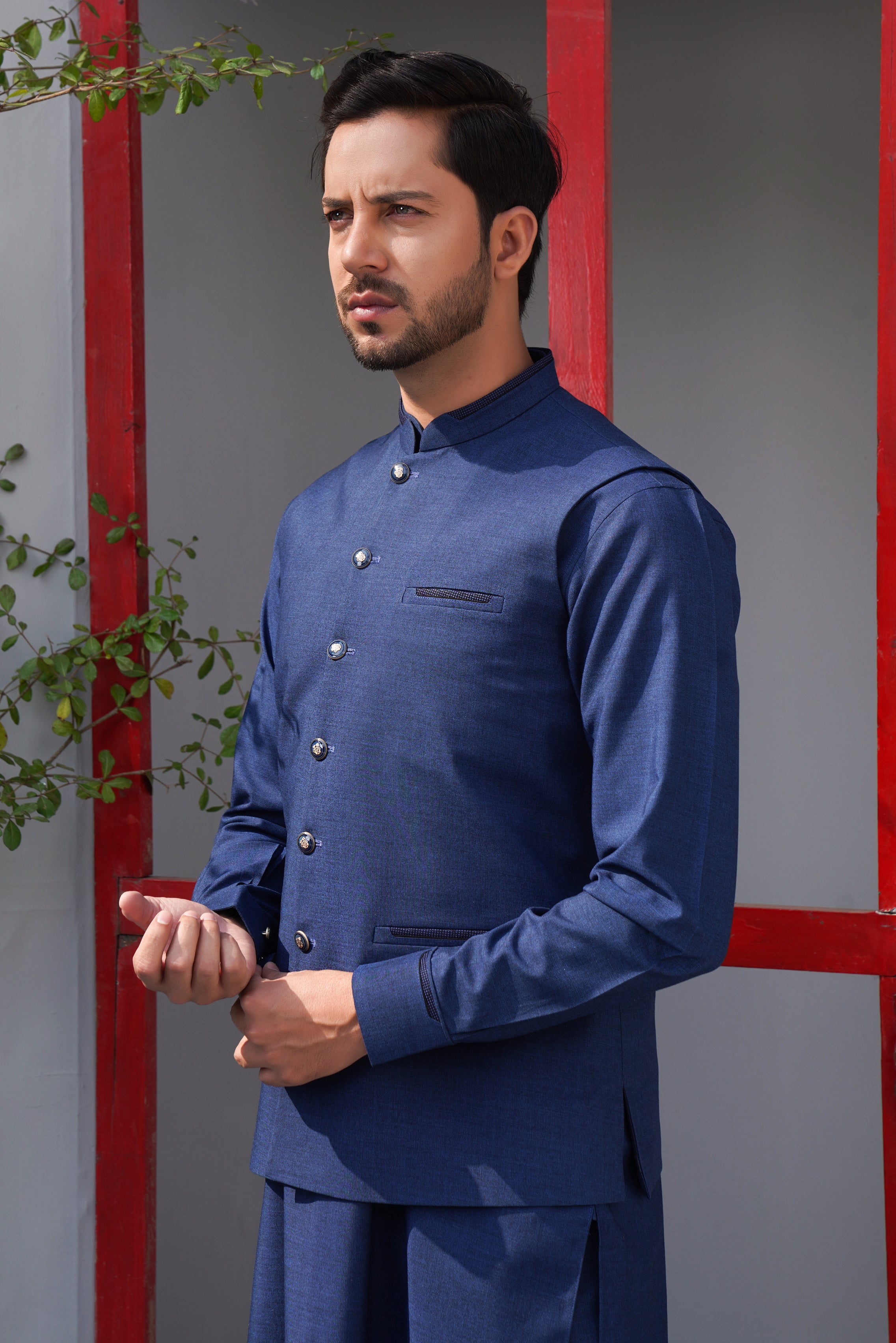 Denim Blue Suiting Waistcoat Kurta (3-Piece) - Image 1