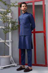 Denim Blue Suiting Waistcoat Kurta (3-Piece) - Image 4