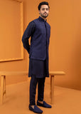 Deep Blue Embroidered Wash & Wear Waistcoat Kurta (3-Piece) - Image 2