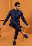Deep Blue Embroidered Wash & Wear Waistcoat Kurta (3-Piece) - Image 3