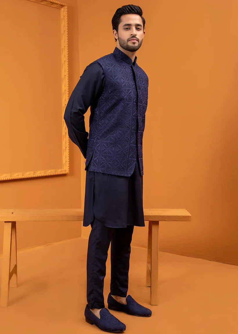 Deep Blue Embroidered Wash & Wear Waistcoat Kurta (3-Piece) - Image 1