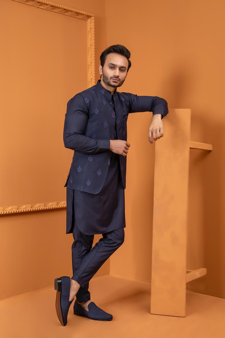 Deep Blue Embroidered Wash & Wear Waistcoat Kurta (3-Piece) - Image 2