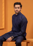 Deep Blue Embroidered Wash & Wear Waistcoat Kurta (3-Piece) - Image 4