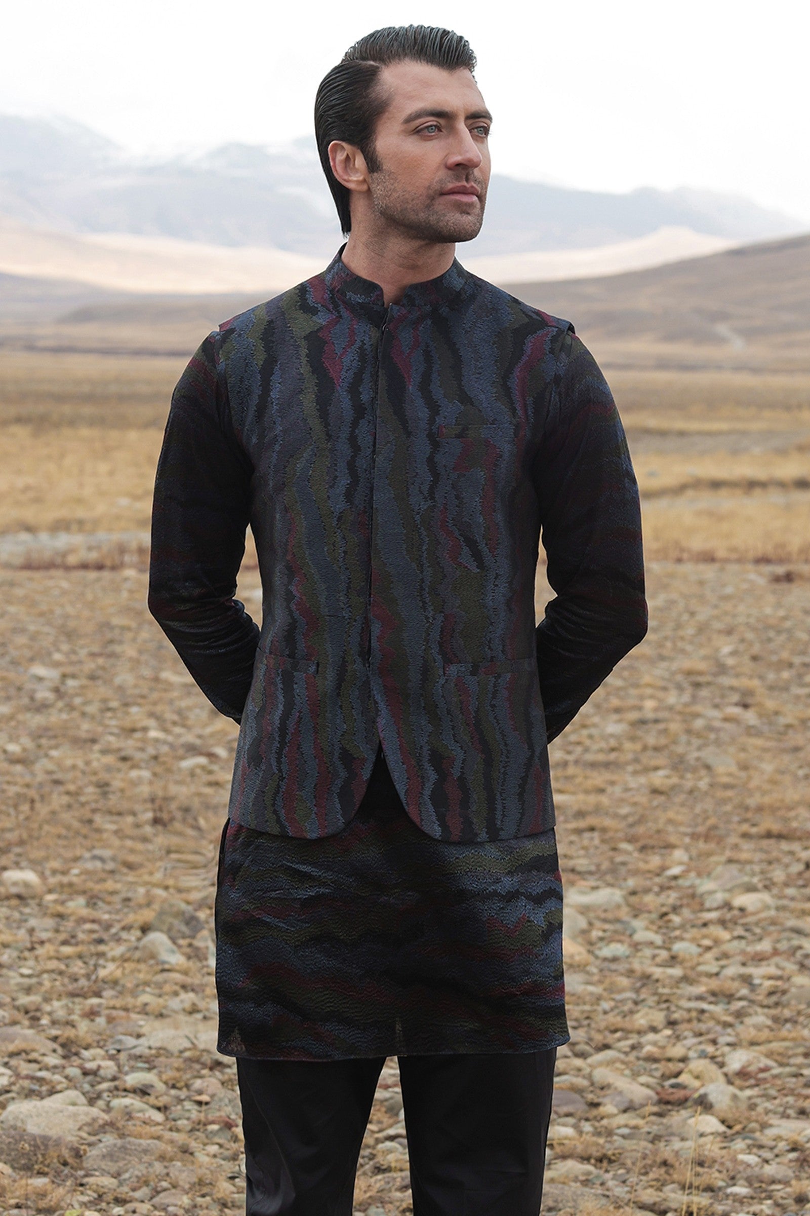 Multi-Tone Embroidered Woven Waistcoat Kurta (3-Piece) - Image 1