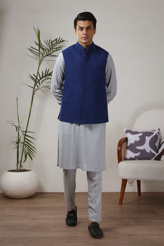 Royal Blue Textured Yarn Dyed Waistcoat Kurta (3-Piece) - Image 7