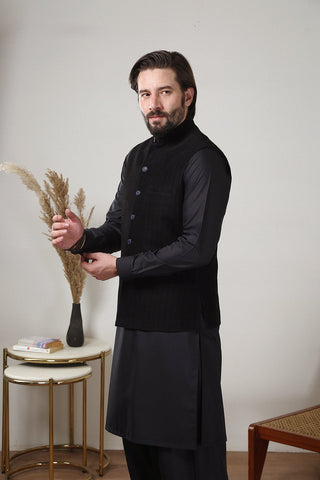 Deep Blue Textured Yarn Dyed Waistcoat (3-Piece) - Image 2