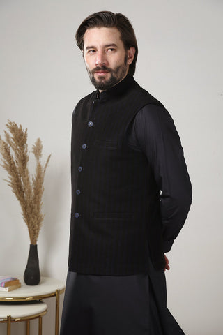 Deep Blue Textured Yarn Dyed Waistcoat (3-Piece) - Image 3