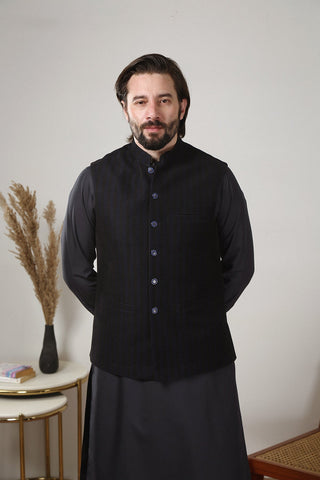 Deep Blue Textured Yarn Dyed Waistcoat (3-Piece) - Image 6