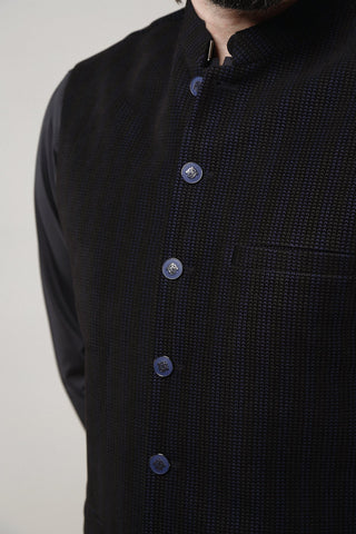 Deep Blue Textured Yarn Dyed Waistcoat (3-Piece) - Image 7