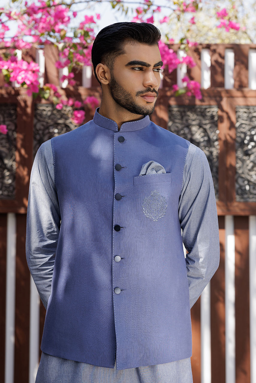 Light Blue Embroidered Linen Waistcoat (2-Piece) - Image 1