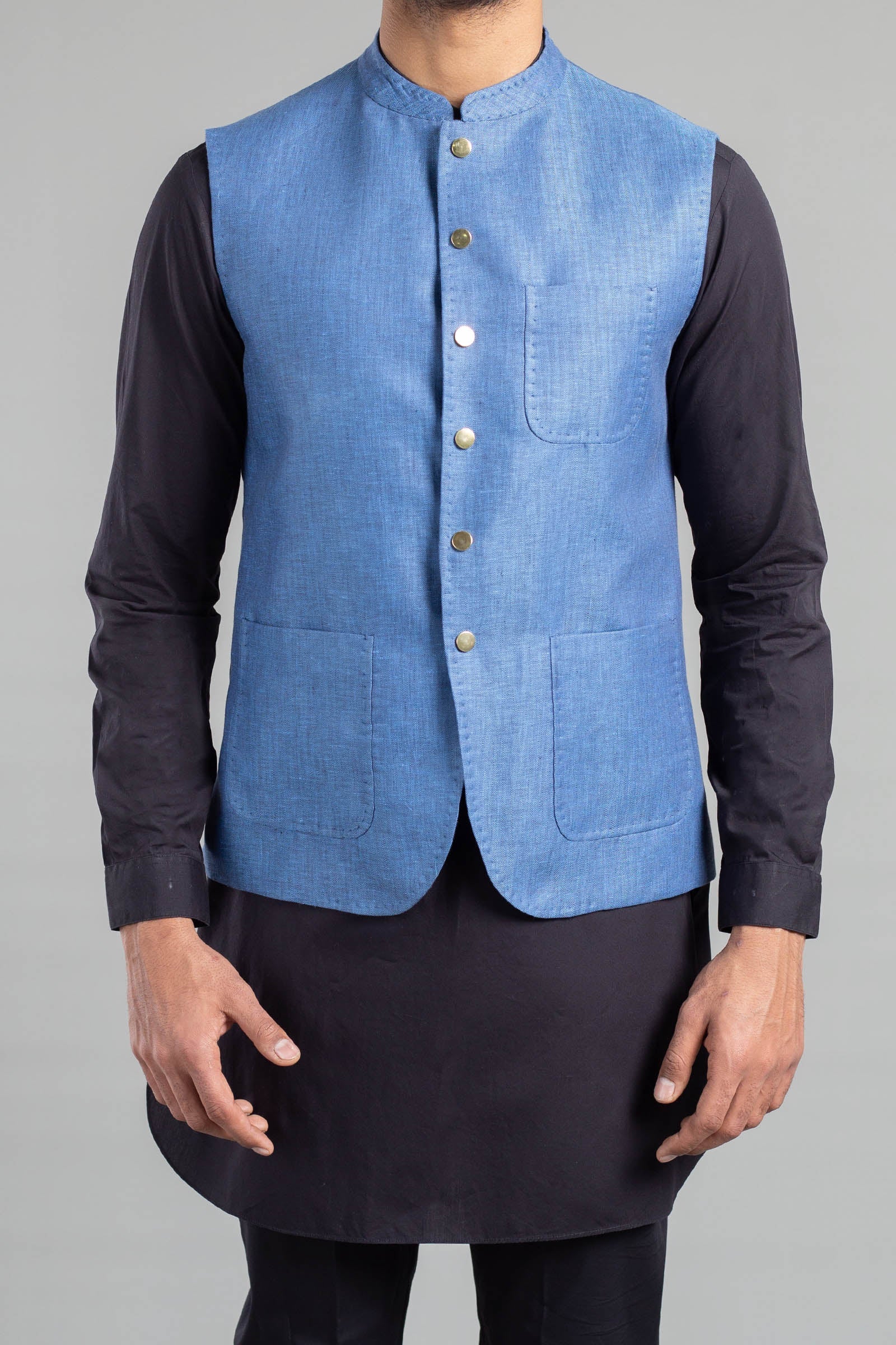 Blue Solbiati Linen Waistcoat with Gold-Plated Buttons (1-Pc) - Image 1