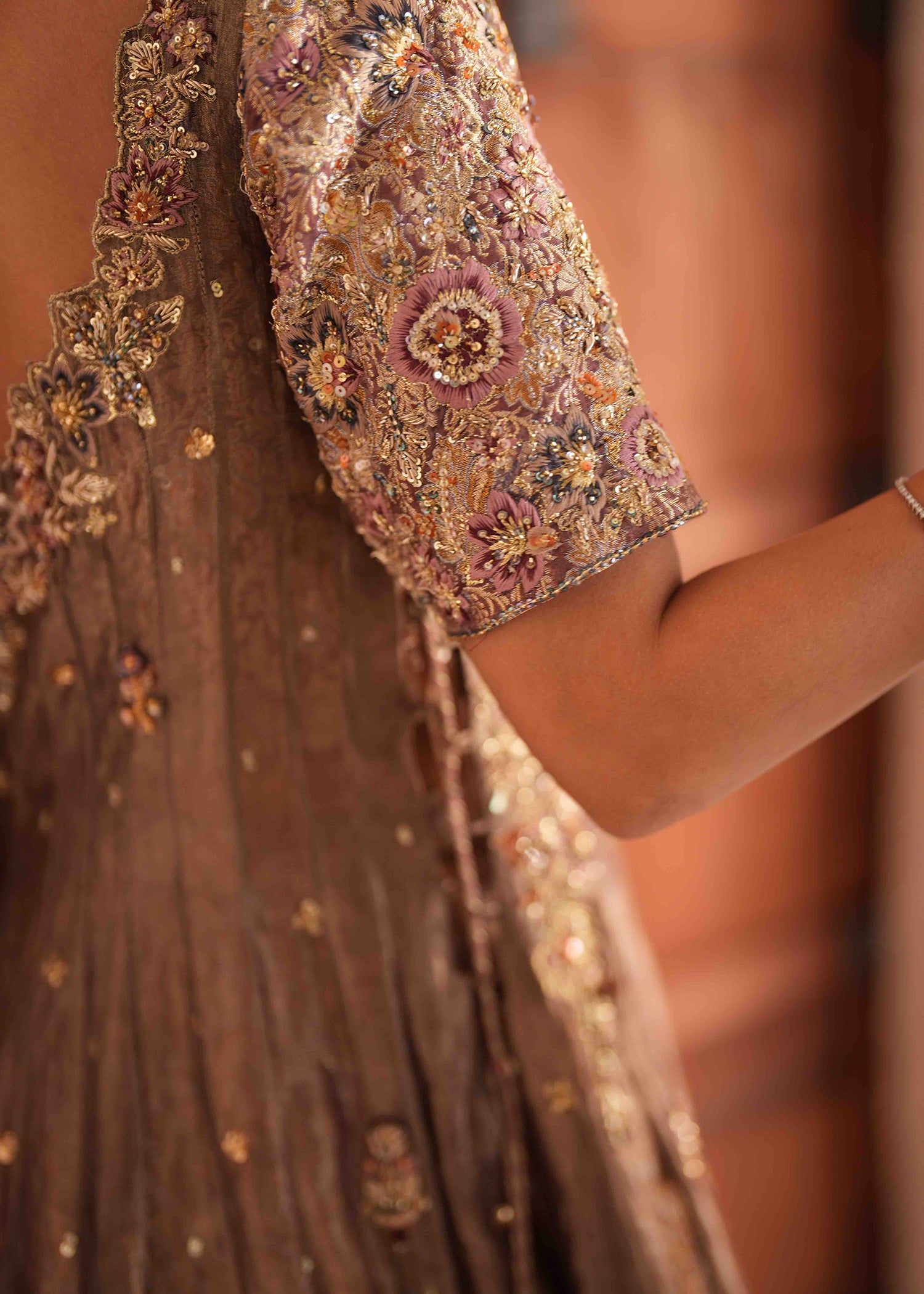 Pakistani Ash Bronze Embroidered Lama Tissue Angrakha (3-Piece) - Image 4