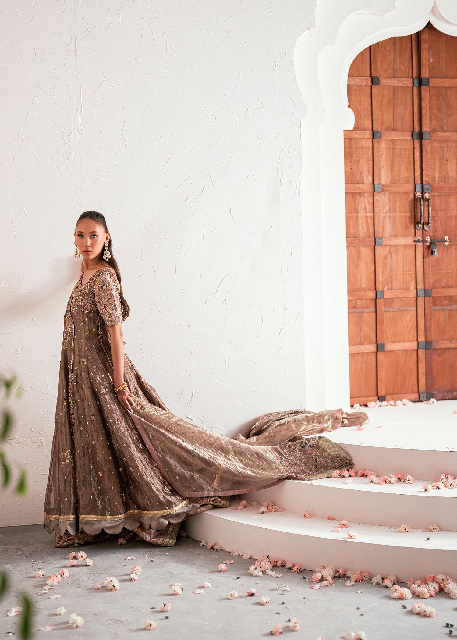 Pakistani Ash Bronze Embroidered Lama Tissue Angrakha (3-Piece) - Image 8