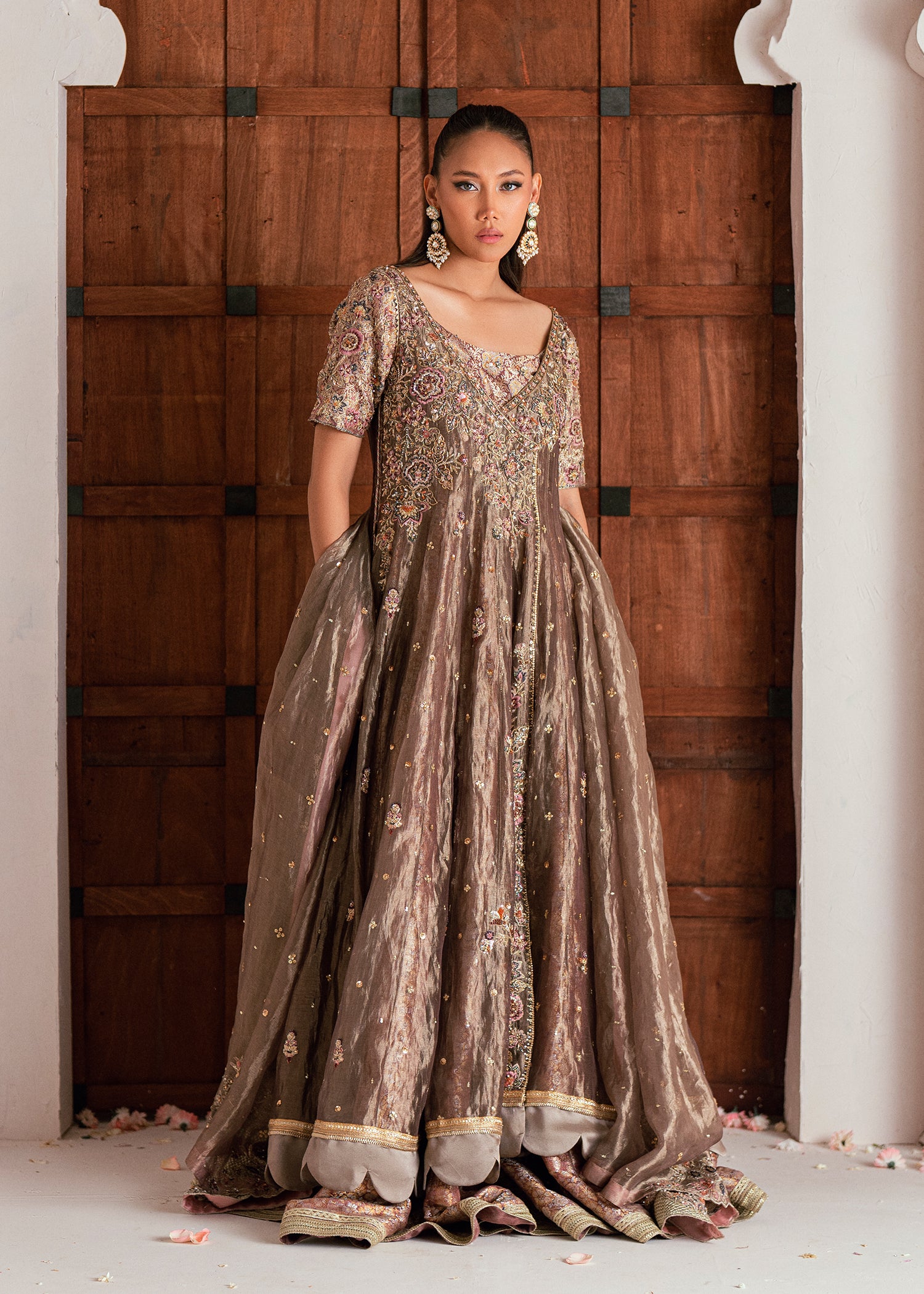 Indian Ash Bronze Embroidered Lama Tissue Angrakha (3-Piece) - Image 1