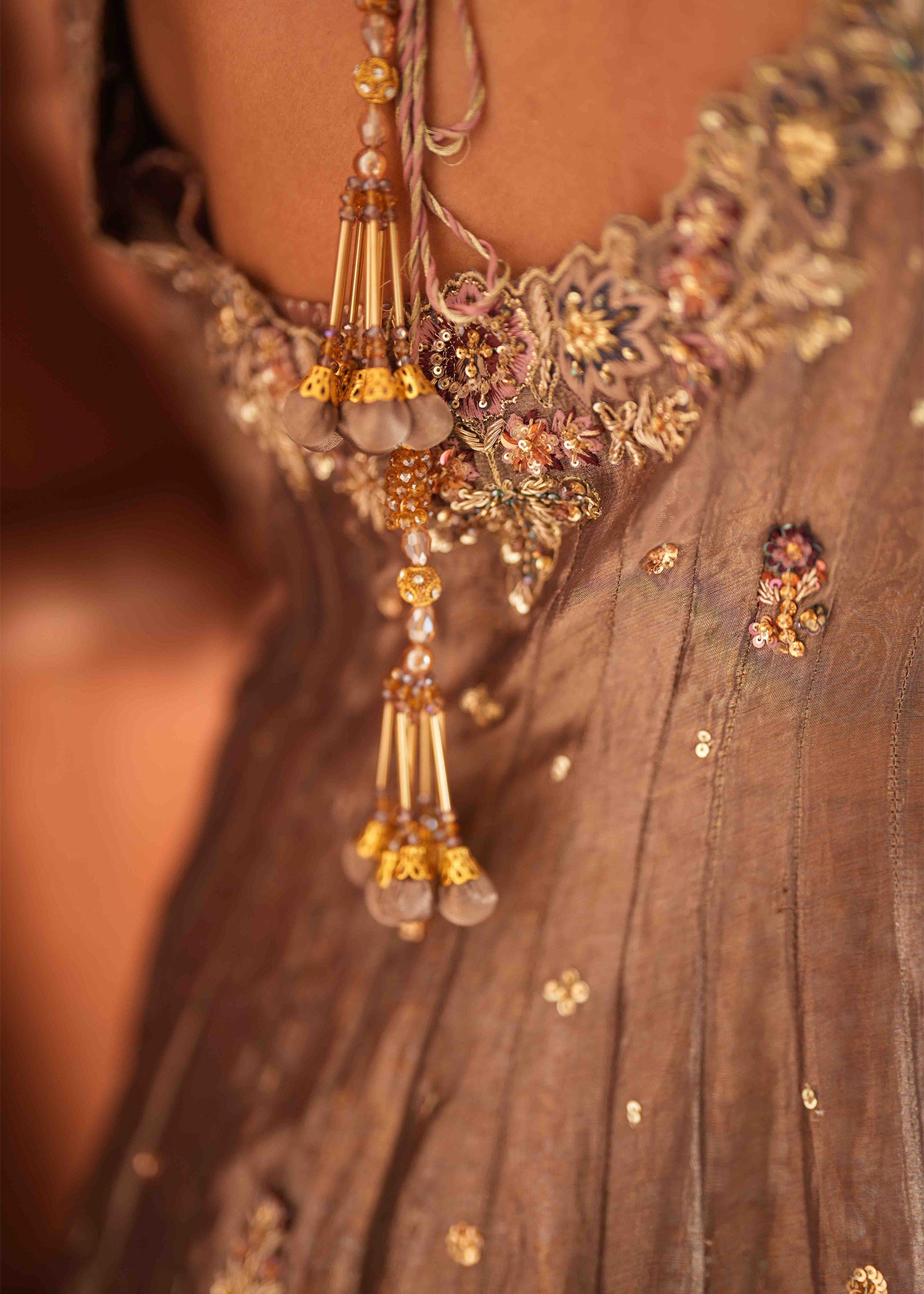 Indian Ash Bronze Embroidered Lama Tissue Angrakha (3-Piece) - Image 3