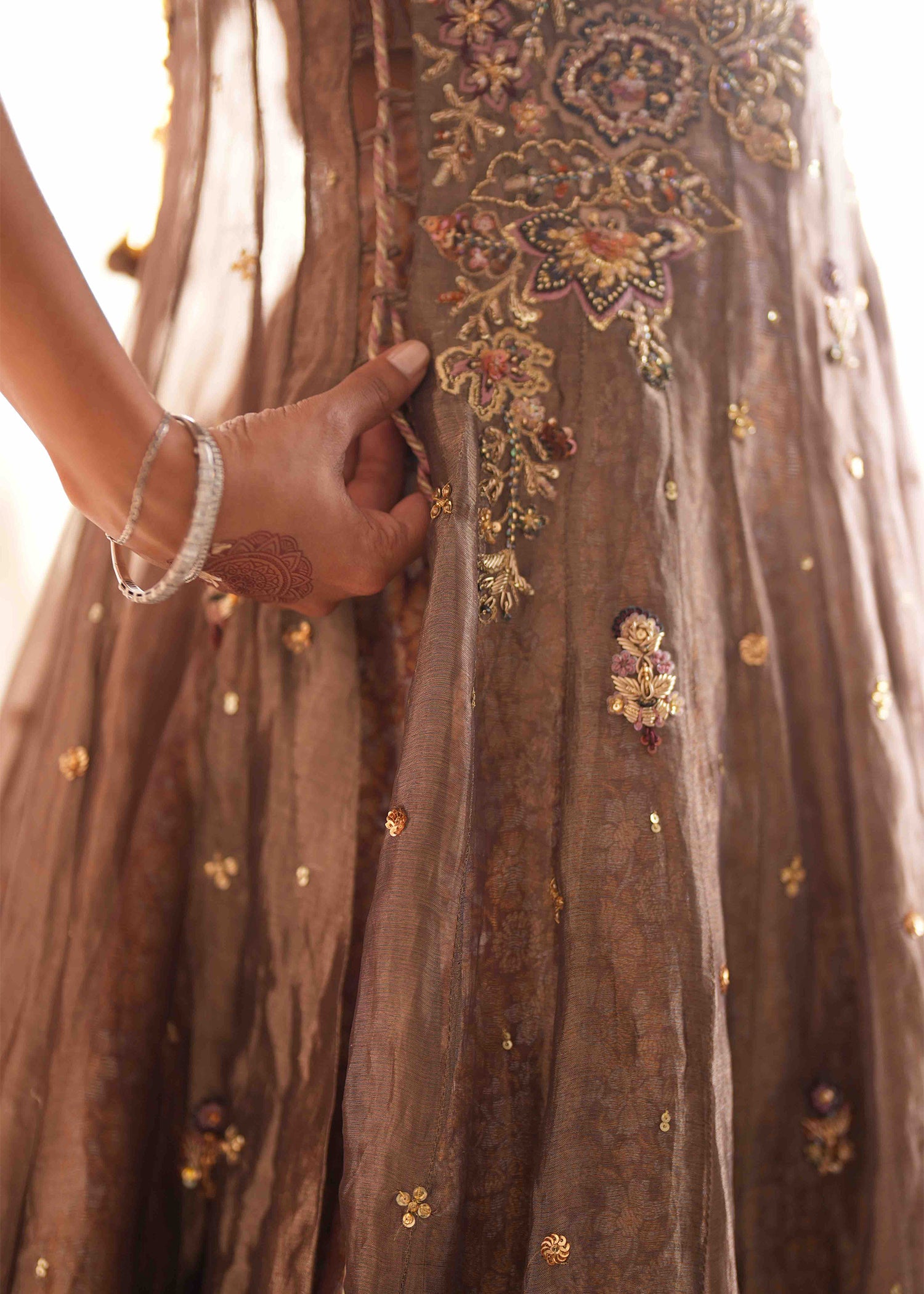 Indian Ash Bronze Embroidered Lama Tissue Angrakha (3-Piece) - Image 5