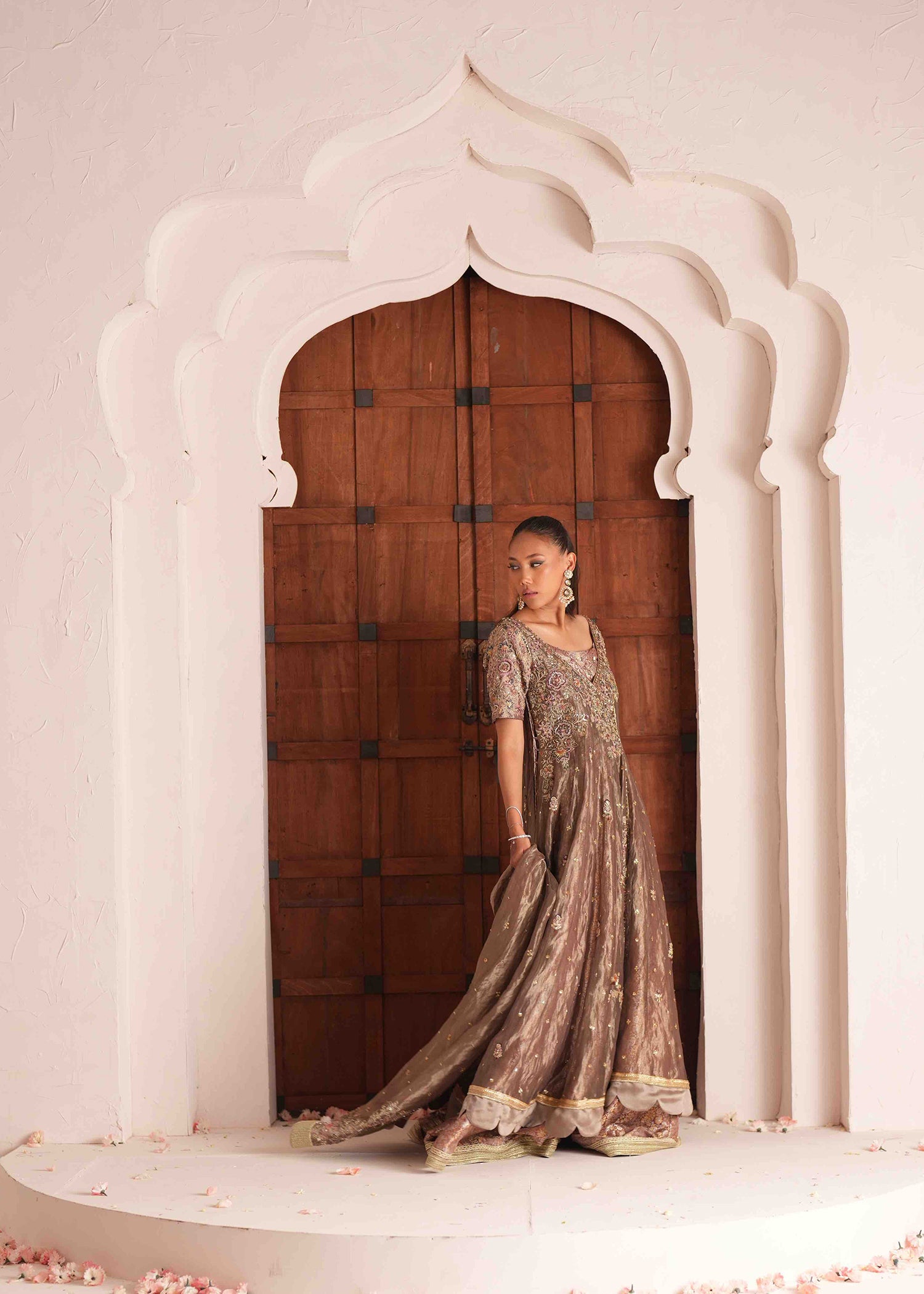 Indian Ash Bronze Embroidered Lama Tissue Angrakha (3-Piece) - Image 6