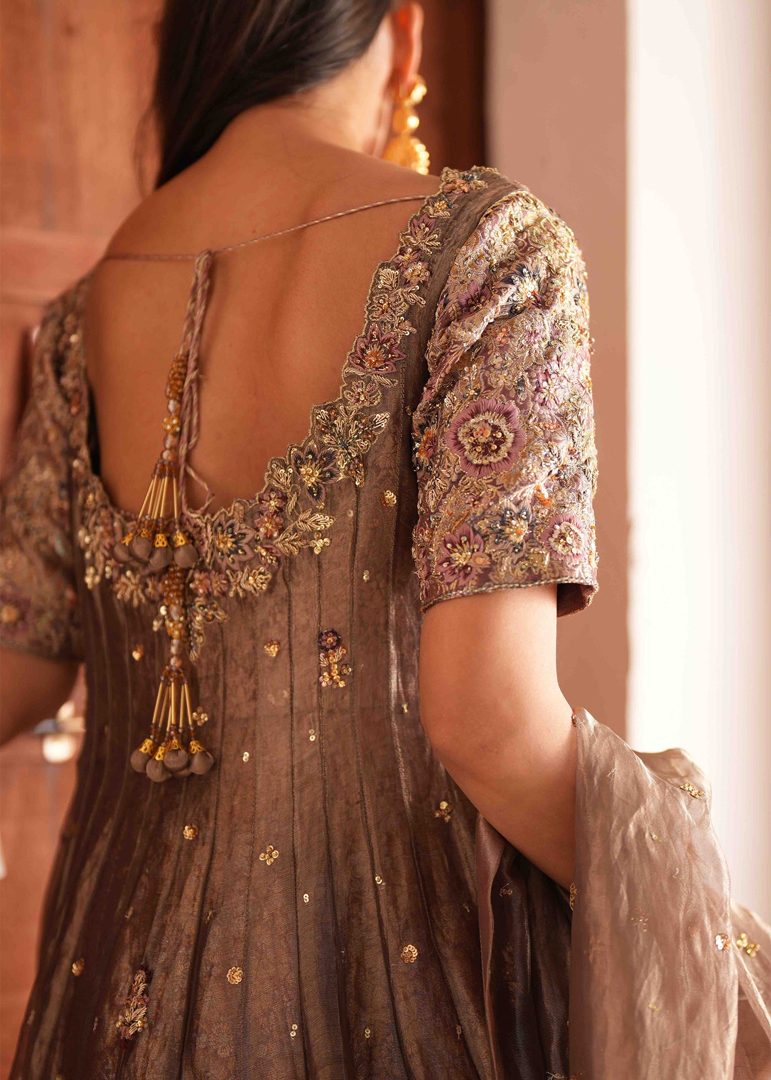 Indian Ash Bronze Embroidered Lama Tissue Angrakha (3-Piece) - Image 7