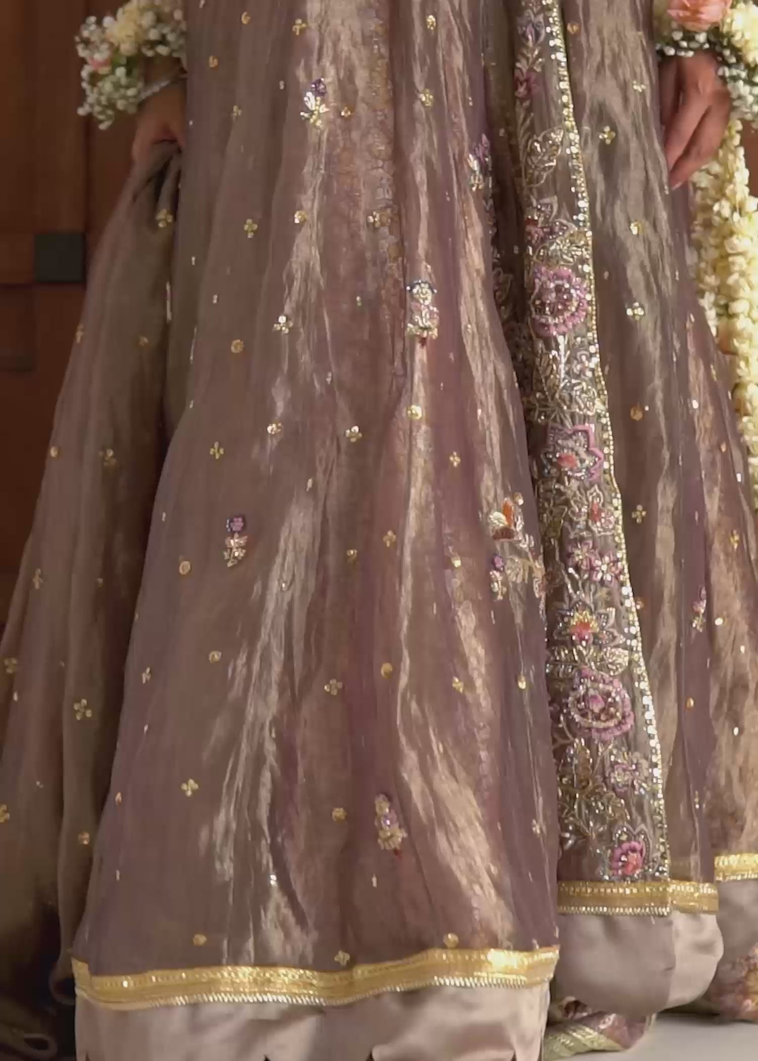 Indian Ash Bronze Embroidered Lama Tissue Angrakha (3-Piece) - Image 9