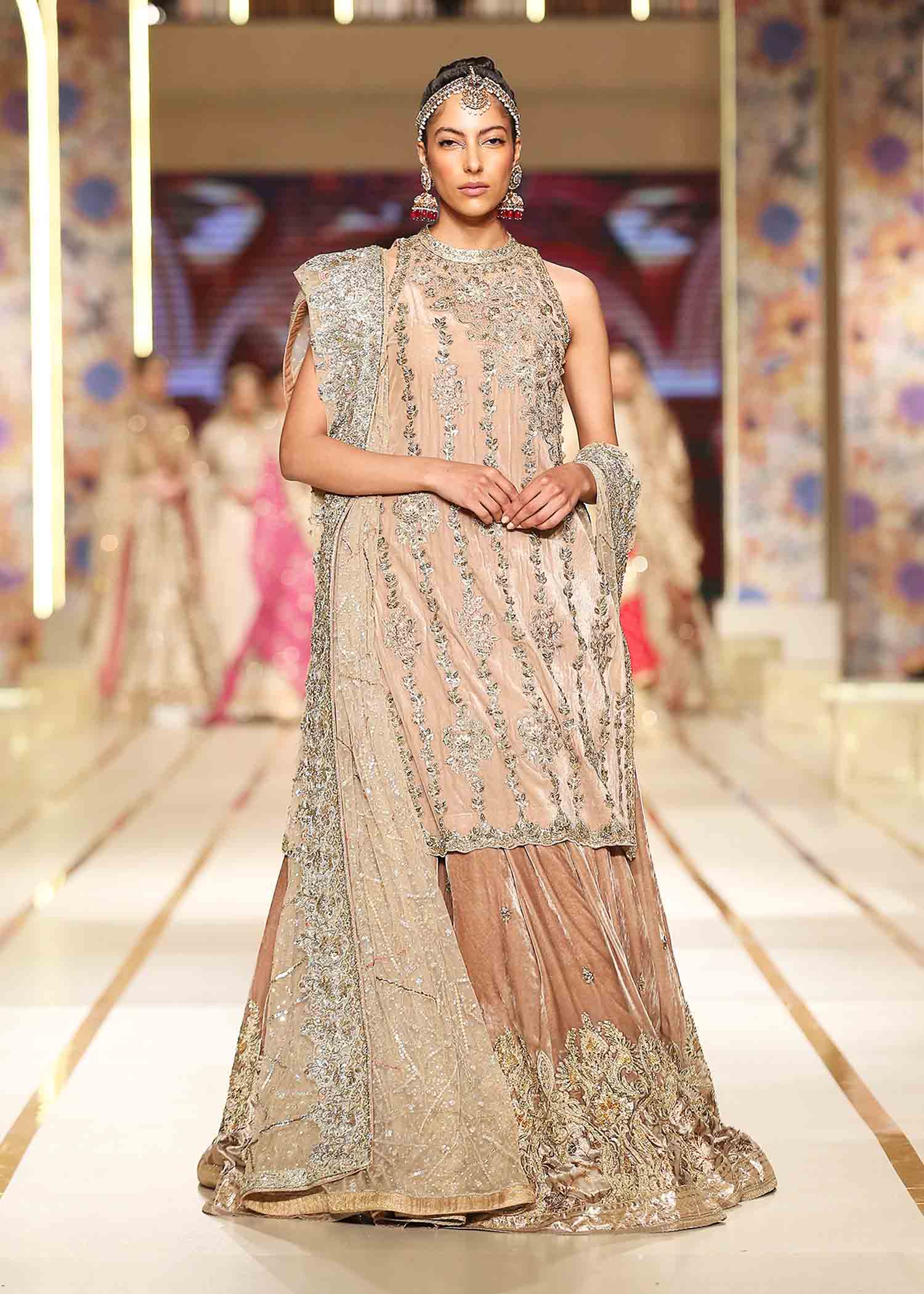 Pakistani Bronze Embellished Velvet & Tulle Bridal Lehenga (3-Piece) - Image 1