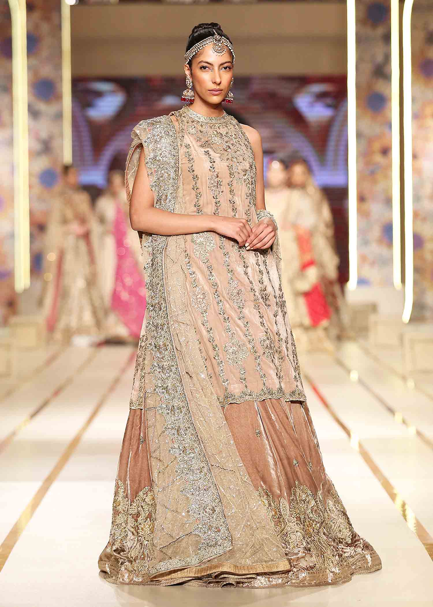 Pakistani Bronze Embellished Velvet & Tulle Bridal Lehenga (3-Piece) - Image 2