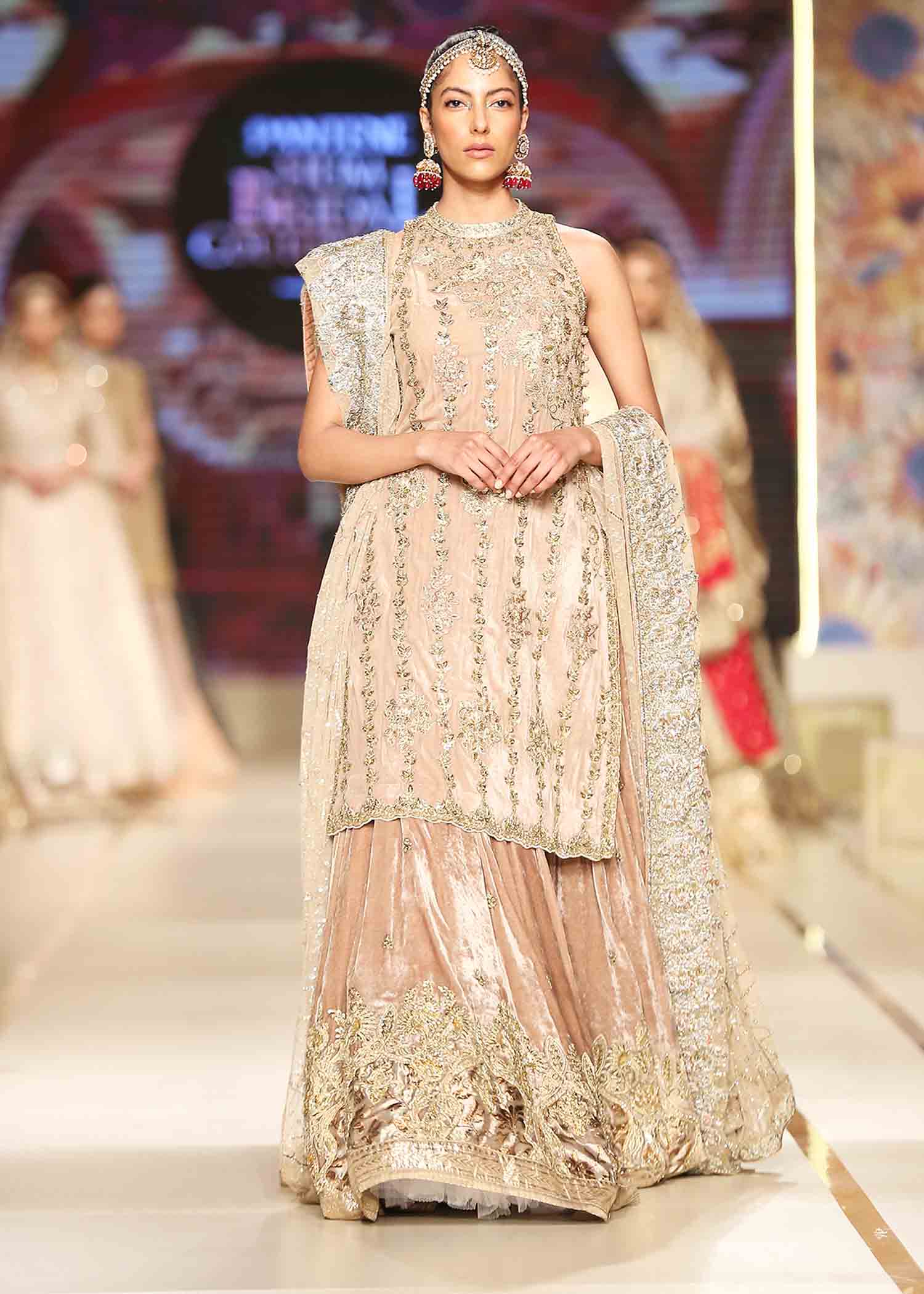 Pakistani Bronze Embellished Velvet & Tulle Bridal Lehenga (3-Piece) - Image 3