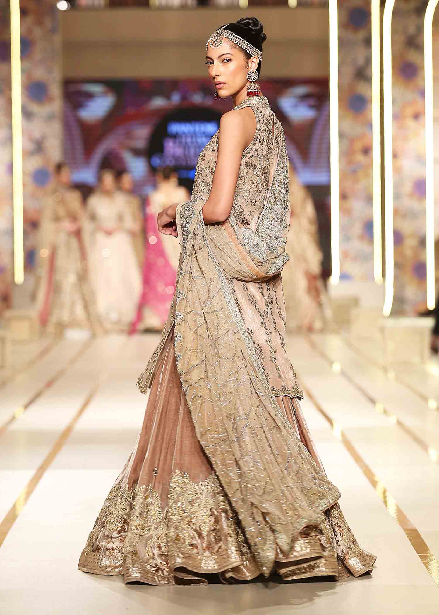 Pakistani Bronze Embellished Velvet & Tulle Bridal Lehenga (3-Piece) - Image 4