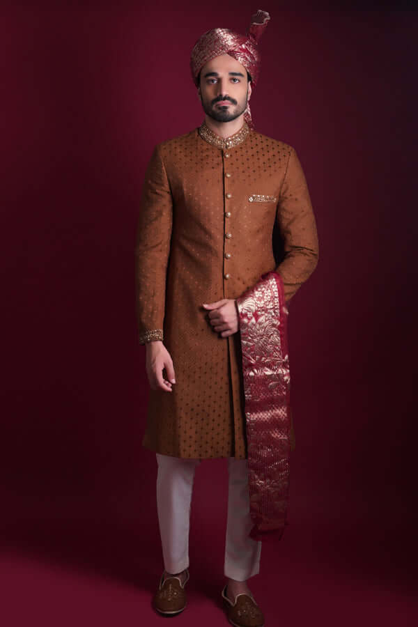 Bronze-Brown Zardozi Mukesh Jamawar Sherwani (4-Piece) - Image 1