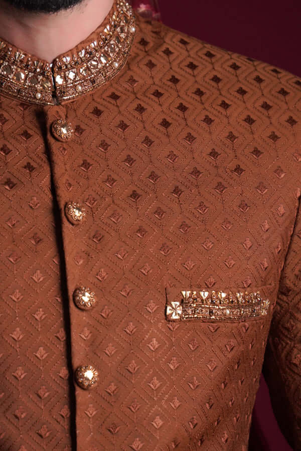 Bronze-Brown Zardozi Mukesh Jamawar Sherwani (4-Piece) - Image 2