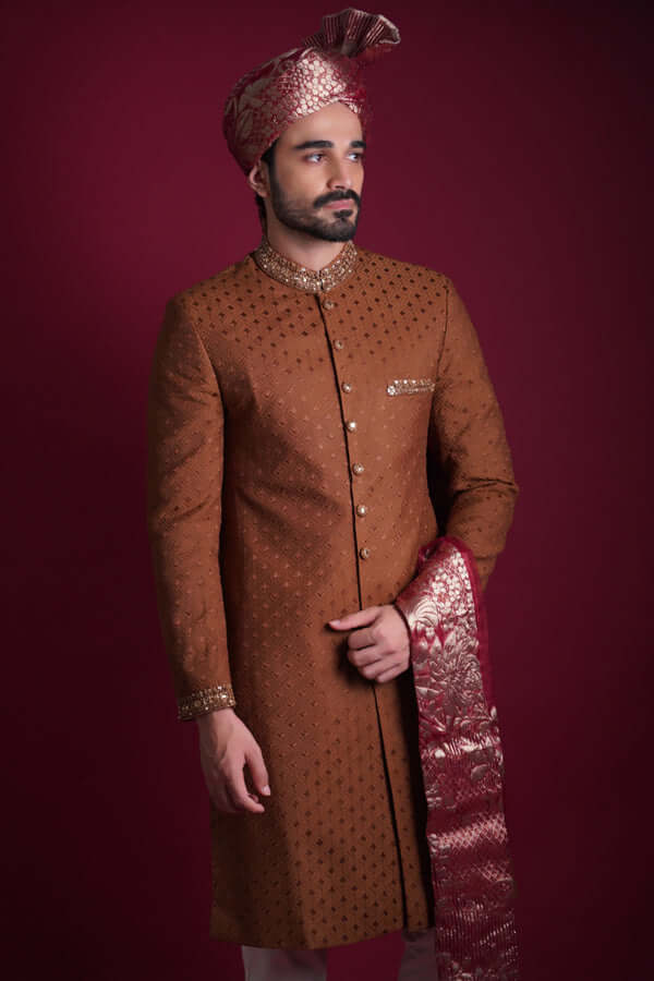 Bronze-Brown Zardozi Mukesh Jamawar Sherwani (4-Piece) - Image 3