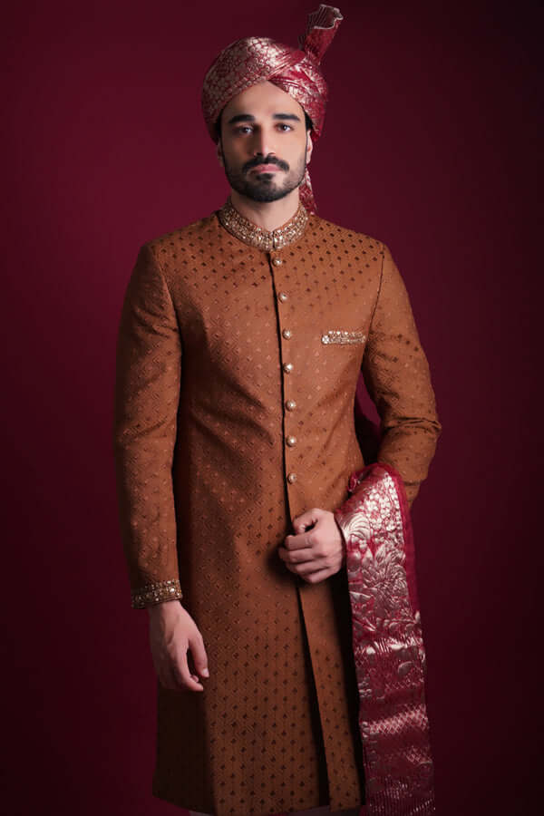 Bronze-Brown Zardozi Mukesh Jamawar Sherwani (4-Piece) - Image 4