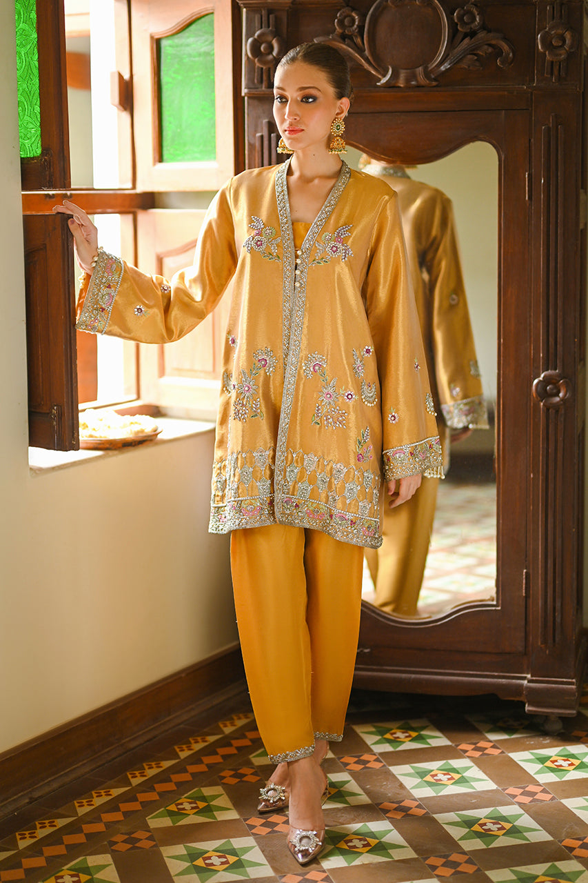 Bronze Zardozi Tissue Jacket with Raw Silk Shalwar (2-Piece) - Image 1