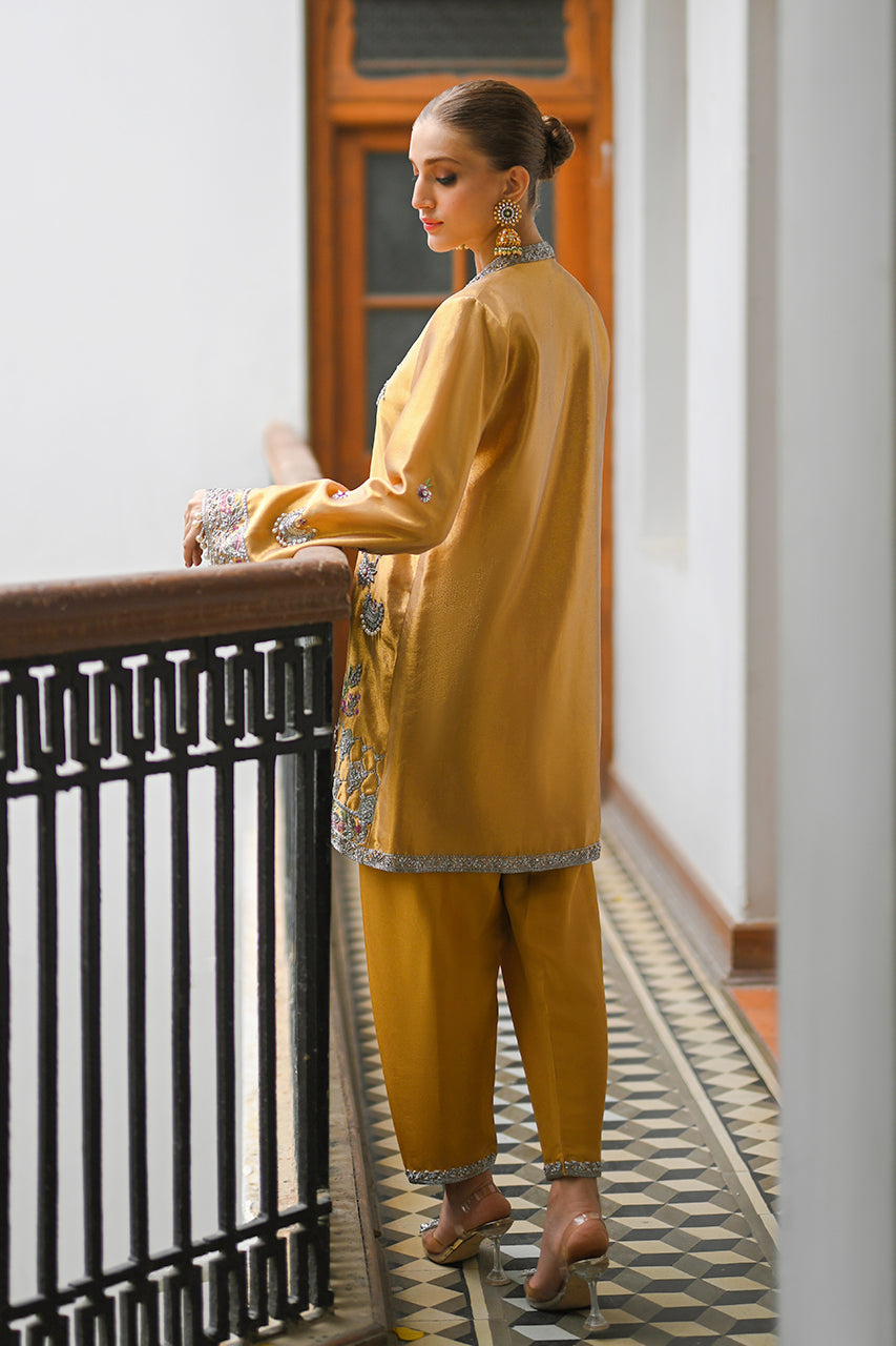 Bronze Zardozi Tissue Jacket with Raw Silk Shalwar (2-Piece) - Image 2