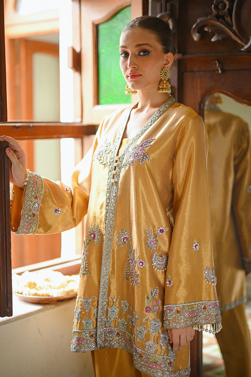 Bronze Zardozi Tissue Jacket with Raw Silk Shalwar (2-Piece) - Image 3