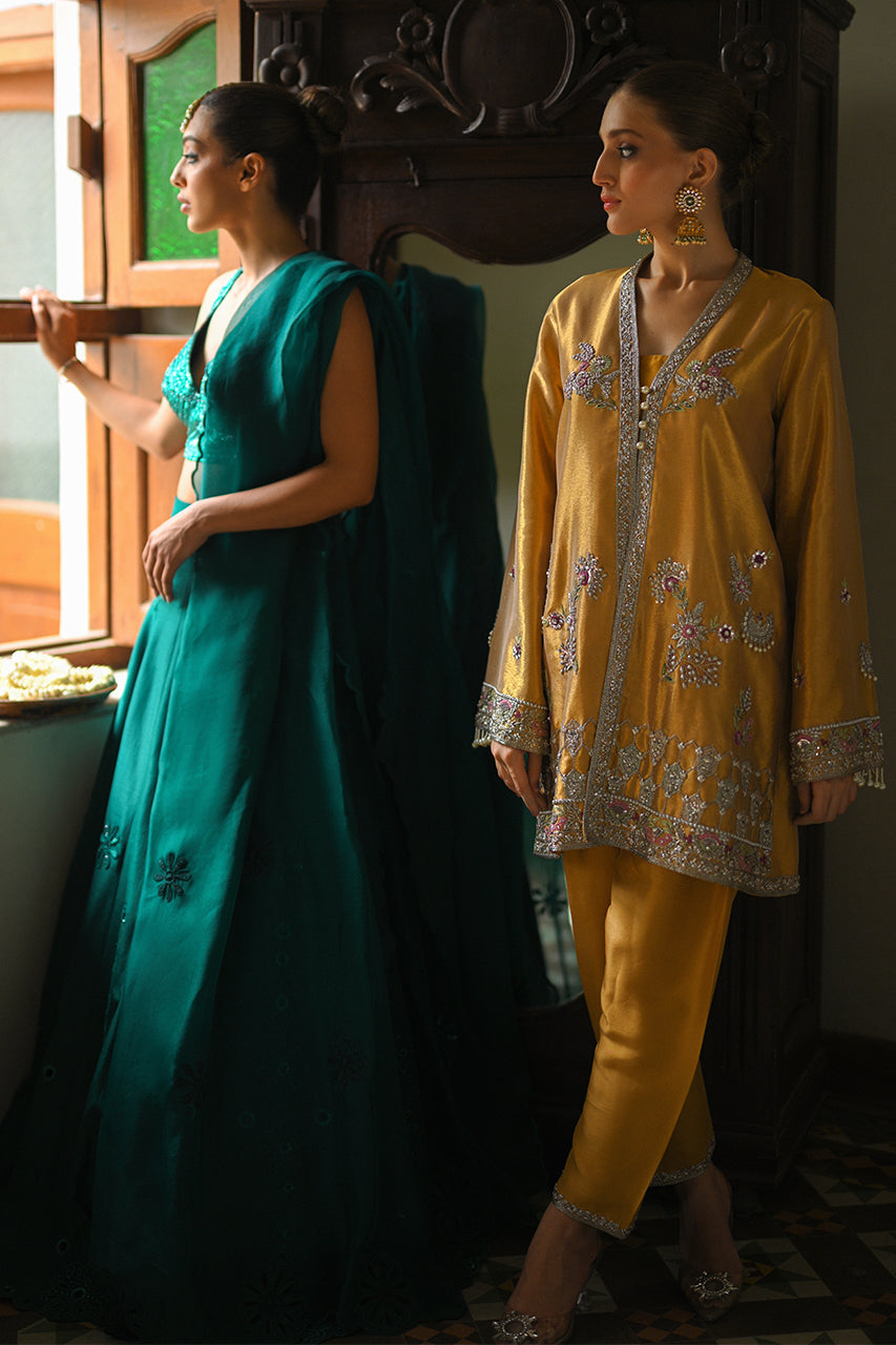 Bronze Zardozi Tissue Jacket with Raw Silk Shalwar (2-Piece) - Image 4