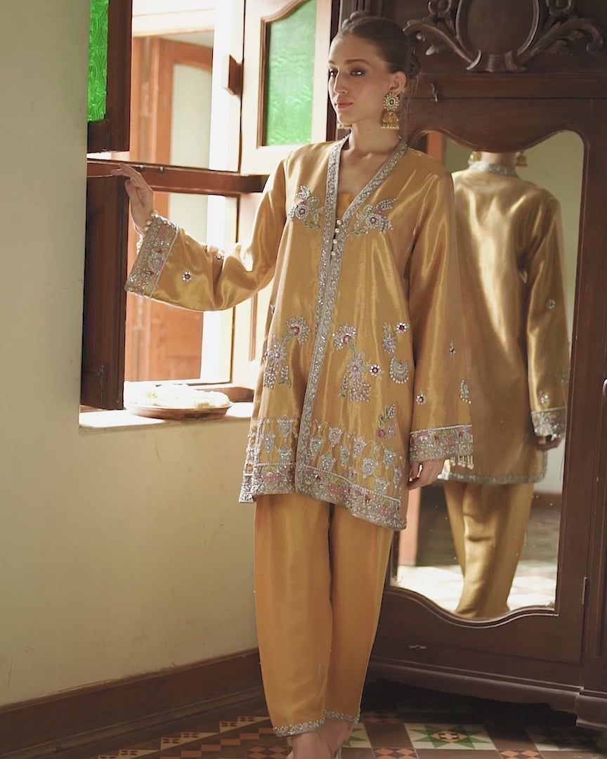 Bronze Zardozi Tissue Jacket with Raw Silk Shalwar (2-Piece) - Image 5