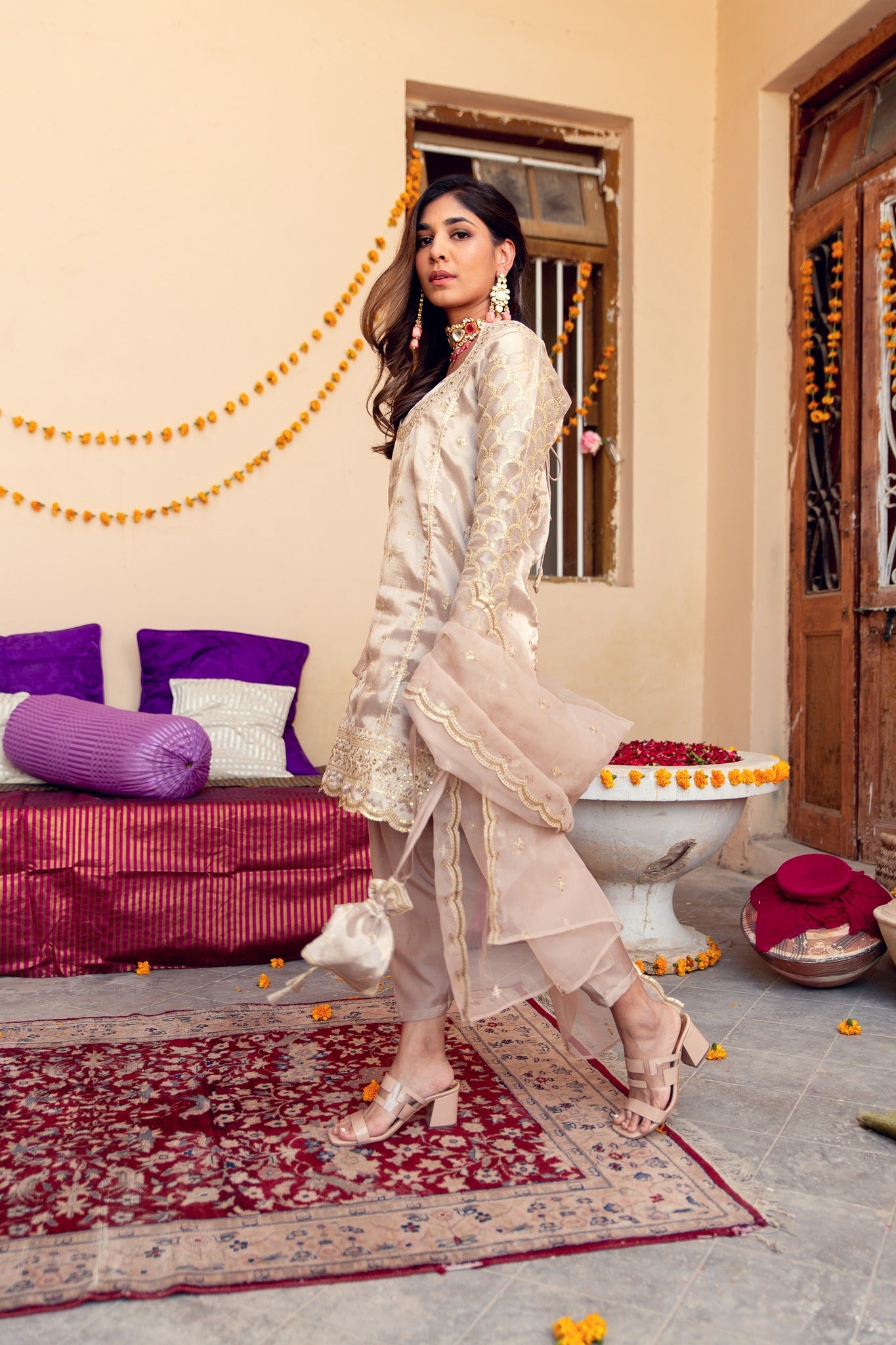 Light Bronze Zari Tilla Tissue Salwar Kameez (3-Piece) - Image 1