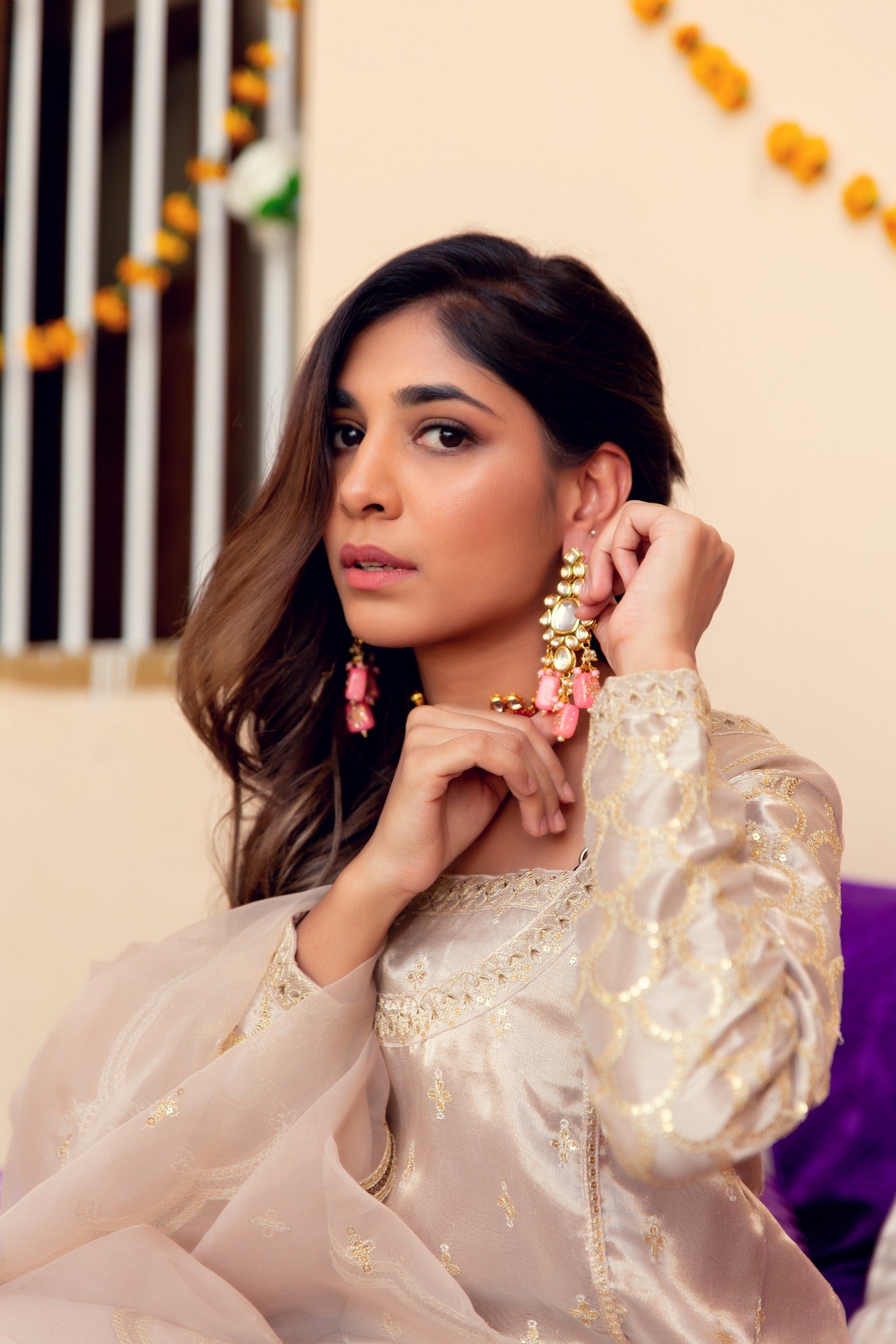 Light Bronze Zari Tilla Tissue Salwar Kameez (3-Piece) - Image 2