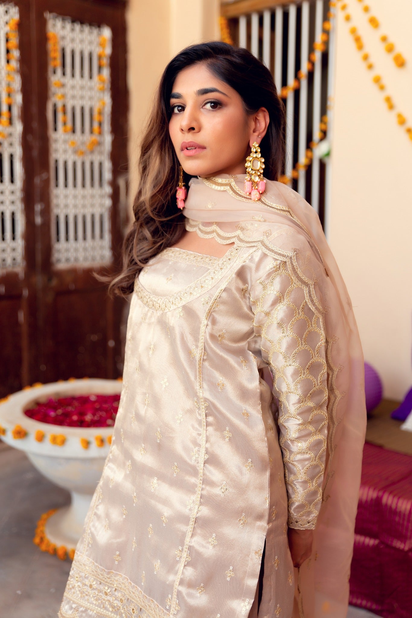 Light Bronze Zari Tilla Tissue Salwar Kameez (3-Piece) - Image 4