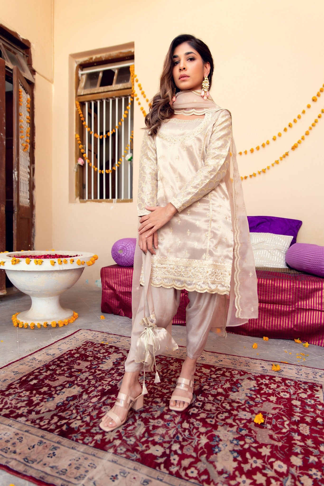 Light Bronze Zari Tilla Tissue Salwar Kameez (3-Piece) - Image 5