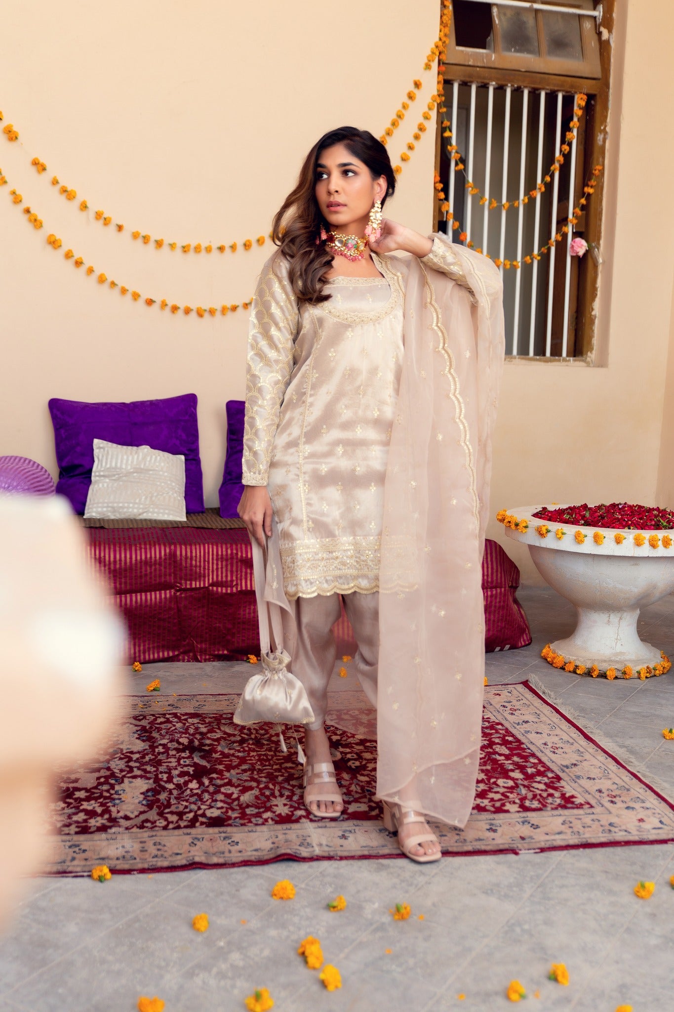 Light Bronze Zari Tilla Tissue Salwar Kameez (3-Piece) - Image 7