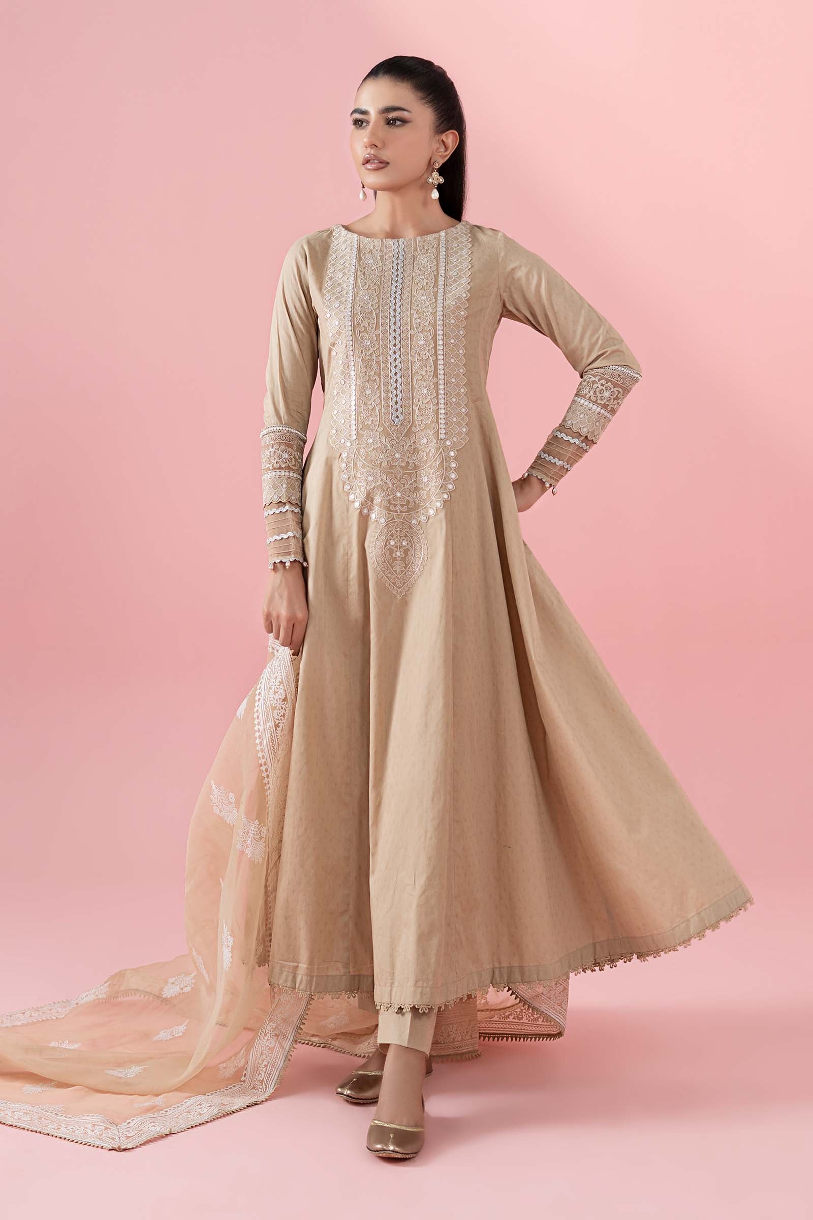 Coffee Embroidered Dobby Anarkali Dress (3-Piece) - Image 1