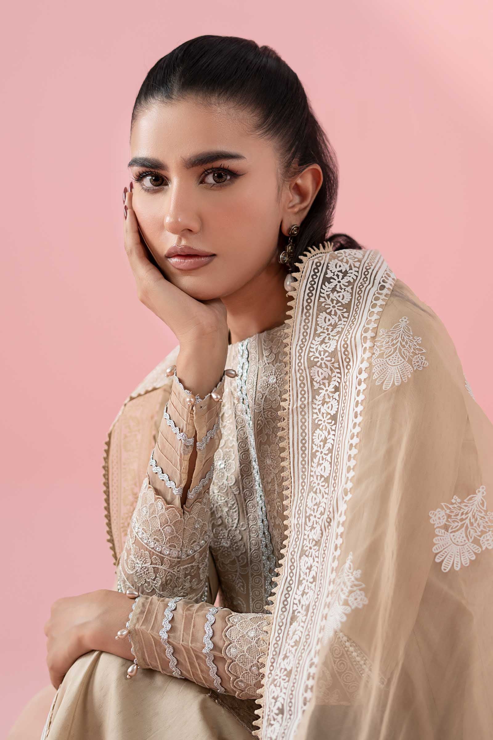 Coffee Embroidered Dobby Anarkali Dress (3-Piece) - Image 2