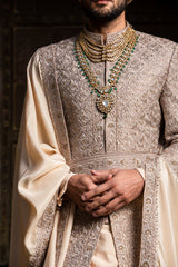 Coffee Embroidered Dupion Raw Silk Achkan (3-Piece) - Image 3