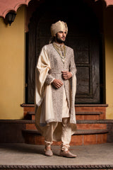 Coffee Embroidered Dupion Raw Silk Achkan (3-Piece) - Image 4