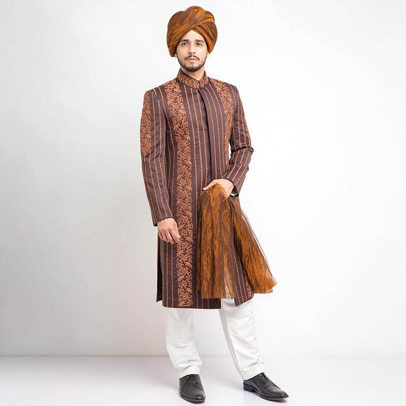 Medium Brown Anchor Embroidered Achkan Sherwani (3-Piece) - Image 1