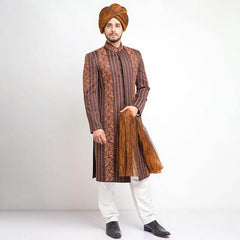 Medium Brown Anchor Embroidered Achkan Sherwani (3-Piece) - Image 2