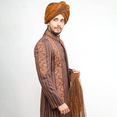 Medium Brown Anchor Embroidered Achkan Sherwani (3-Piece) - Image 3