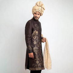 Dark Chocolate Brown Woven Brocade Achkan Sherwani (3-Piece) - Image 2